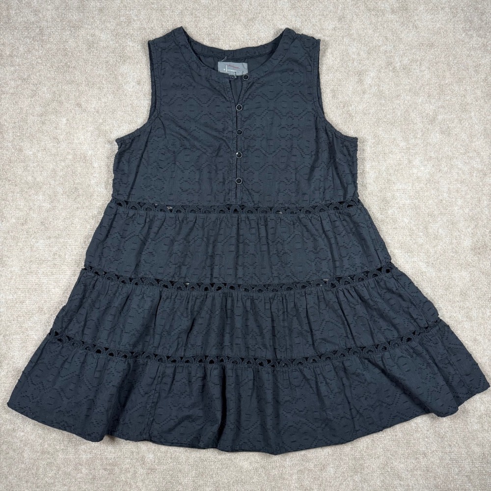 Anthropologie Ismene Eyelet Tiered Mini Dress Sz S Black Sleeveless Boho Ruffle